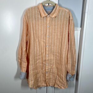 Tommy Bahama Mens Relax Linen Striped Button Down Shirt Coral White Size Large